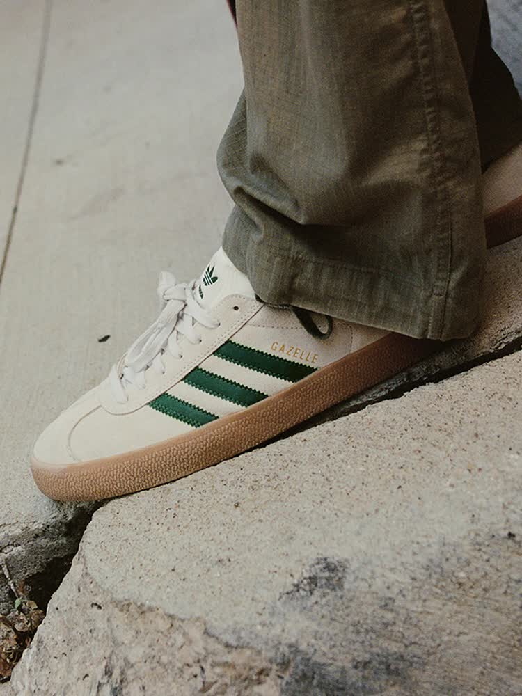 GIF featuring four cropped images of adidas skate shoes on urban concrete and skateboards: adidas Nora, adidas Shmoofoil Slip, adidas Gazelle ADV, and adidas Pug Indoor trainer