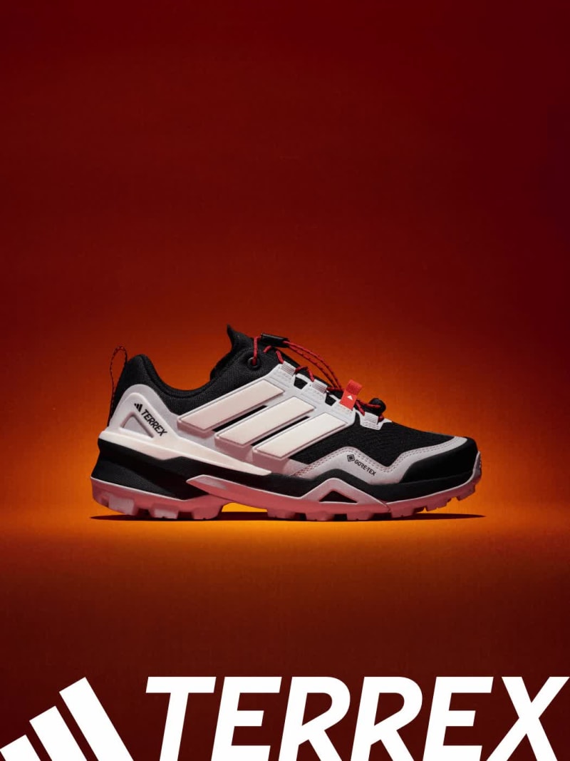 Looping images of adidas Skychaser hiking shoes alone, and worn by hikers on a trail outside.
