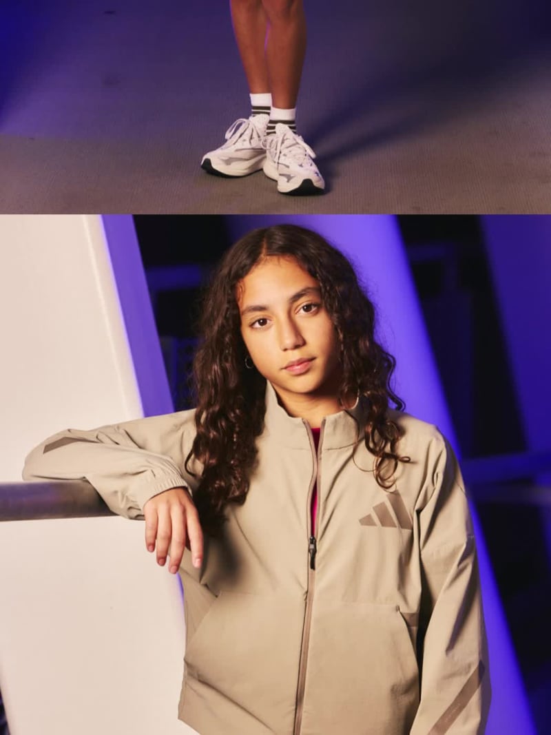Scrolling images of boy and girl wearing grey adidas sportswear, zip-up sweatshirt and matching bottoms.
