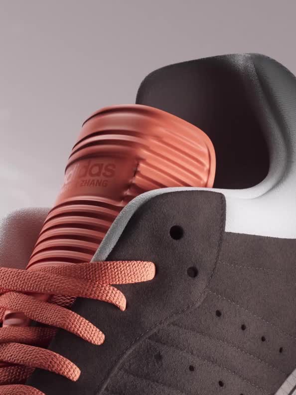 A close-up video of the suede texture of the brown adidas Originals by Dingyun Zhang Samba sneaker.